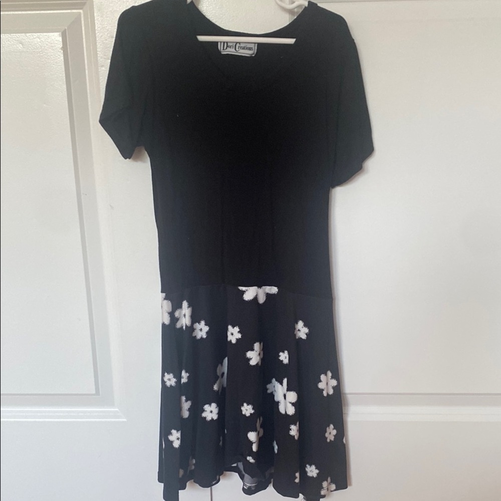 Black and White Floral Kids Casual Dress